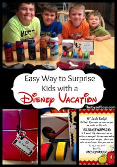 three kids sitting at a table with disney vacation items in front of them and the words easy way to surprise kids with a disney vacation