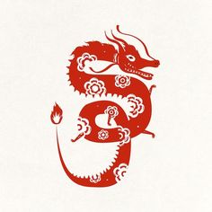 a red and white dragon with flowers on it's tail is in the shape of a letter e