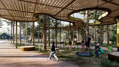 an artist's rendering of a park with children playing in the shade and on swings