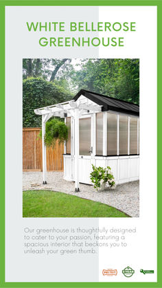 a white gazebo with the words white bellrosee greenhouse on it's side