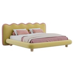 an upholstered bed with scalloped headboard and foot board