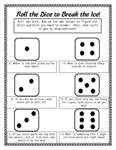 roll the dice to break the ice worksheet with numbers and words on it