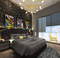 a bedroom with a large bed and artwork on the wall