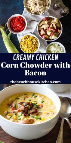 creamy chicken corn chowder with bacon in bowls