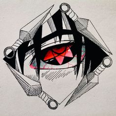 a drawing of an evil looking person with red eyes and black hair, holding scissors