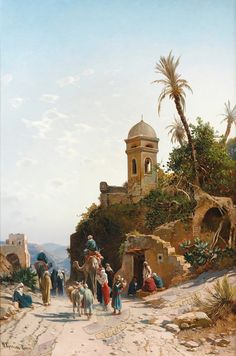 a painting of people and animals walking on a dirt road next to a building with a steeple