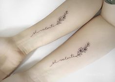 two women with matching tattoos on their arms that read friends and family, in cursive writing