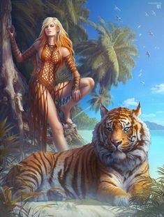 a painting of a woman sitting on top of a tiger next to a man in the jungle