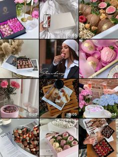 a collage of photos showing different types of cakes and pastries in various boxes