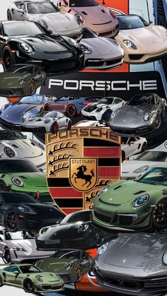 a bunch of different colored cars are shown in this collage with the words porsche on it