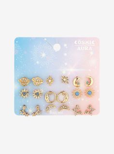 six pairs of earrings with stars and moon designs on the front, two are gold plated