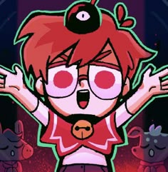 an animated image of a person with red hair and glasses, holding his hands up in the air