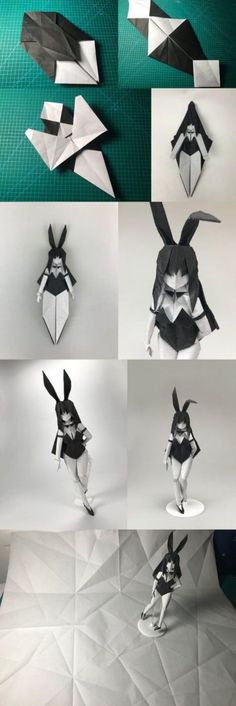 an origami rabbit is on display in several different positions, including the legs and head