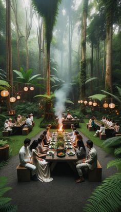 a group of people sitting around a table in the middle of a forest