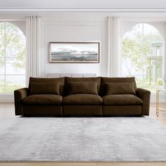 a living room scene with focus on the couch and rug in front of the window