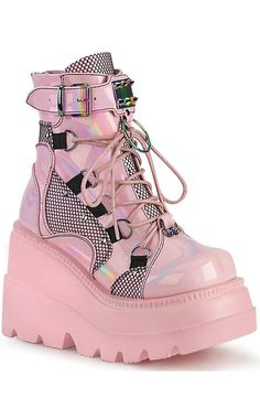 SHAKER-60 Baby Pink Vegan Lace Up Boots-Demonia-Tragic Beautiful Pink Boots, Baby Pink, Ankle Boot, Wedges, Lace Up, Boots, Pink, White, Black