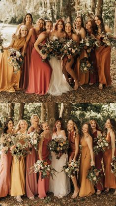 the bride and her bridals pose for pictures in front of trees with their bouquets