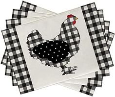 four black and white checkered napkins with a chicken on it's back