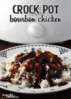 crock pot bourbon chicken on a plate with rice