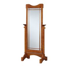 a wooden stand with a mirror and shelf on it's sides, against a white background