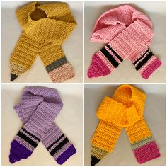 four crocheted scarves are shown in three different colors, one is pink, one is yellow and the other is purple