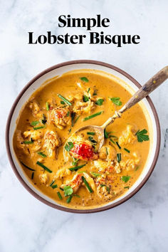 A picture of a bowl filled with Lobster Bisque and a spoon resting in it too Lent Ideas, Lobster Bisque Recipe, Lobster Stock, Feasting At Home, Best Fish Recipes, Seared Fish, Bisque Recipe, Lobster Tail, Lobster Meat