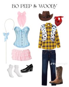 some clothes and accessories are arranged on a white background with the words bo pees & woody