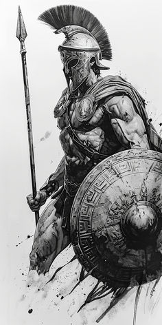 a black and white drawing of a roman soldier