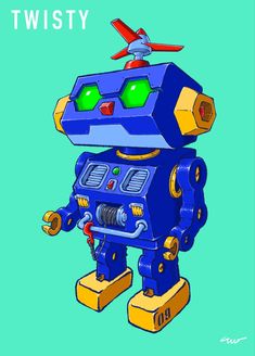 a blue and yellow robot with the words twisty on it