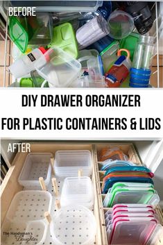 an organized drawer with plastic containers and lids