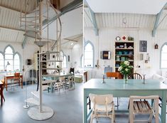 two pictures of a living room and dining area in an old church with spiral staircase to the second floor