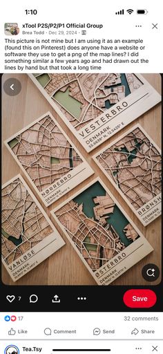 an instagram page with several wooden maps on it