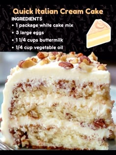 a piece of cake with white frosting and nuts on top