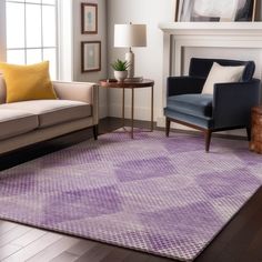 a living room filled with furniture and a purple rug