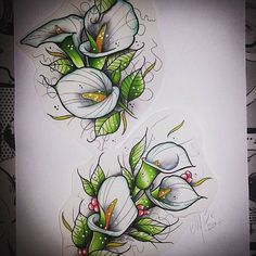 two white flowers with green leaves on the side of their bodies are shown in this tattoo design