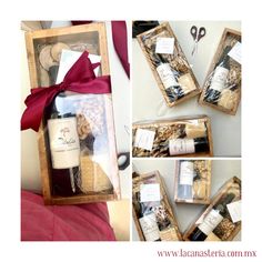 the wine and cookies gift set is in a wooden box with red ribbon around it