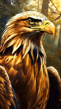 a painting of an eagle in the woods