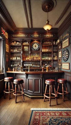 a bar with three stools in front of it