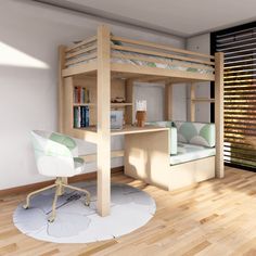 a loft bed with desk underneath it in a room that has wood floors and white walls