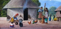 a painting of people and chickens in front of huts