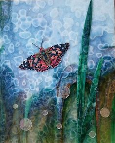 a painting of a butterfly on top of some green plants and water droplets in the air