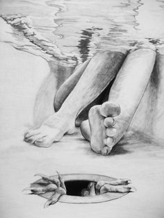 a pencil drawing of a person laying on the ground next to a hole in the water