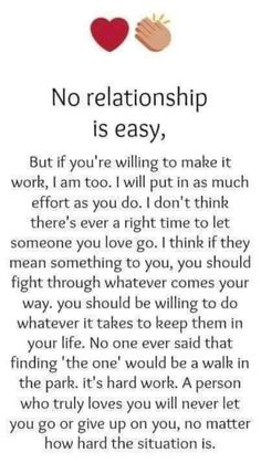 a poem with two hearts on it and the words,'no relationship is easy '