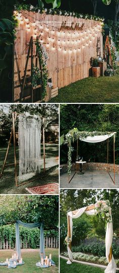 the wedding ceremony is set up outside and decorated with greenery, candles, and flowers