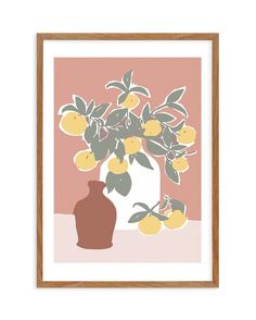 an orange tree with lemons in a vase on a pink background framed art print