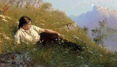 a painting of a woman sitting on top of a hill