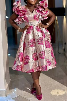 Plus Size Semi Formal Magenta Floral V Neck Flutter Sleeve Ruffle Print Midi Dresses Lace And Short African Dress, Plus Size Ankara Styles For Women, Dinner Dress Classy Elegant, Plus Size Semi Formal, African Formal Dress, Fair Costume, Damask Dress, Summer Tips, Dresses Occasion