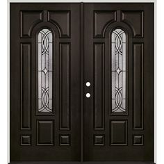 a black double door with two sidelights and glass panels on the top half of it