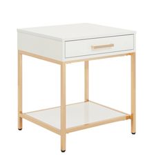 a white and gold end table with drawers on each side, against a white background