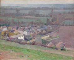 an oil painting of houses in a rural area with fields and trees behind them,